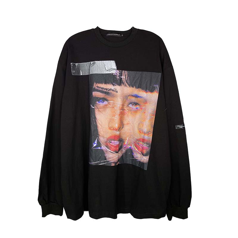 Ins High Street Portrait Print Long-sleeved T-shirt Men