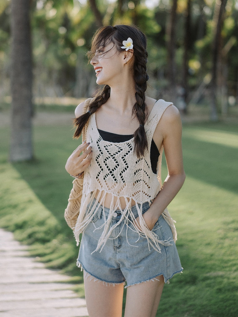 Bohemian Fringe Halter Top Hollowed-out Knit Vest