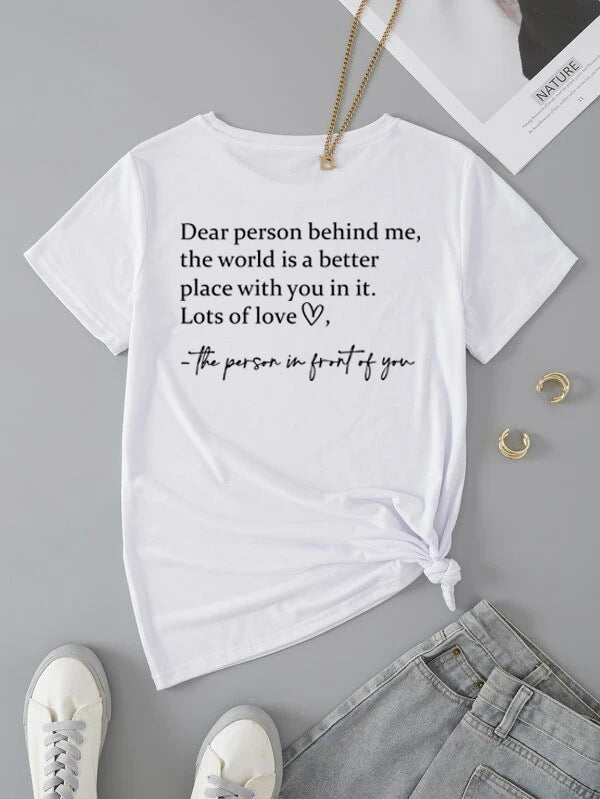 Round Neck Slogan Printed Short Sleeved T-shirt
