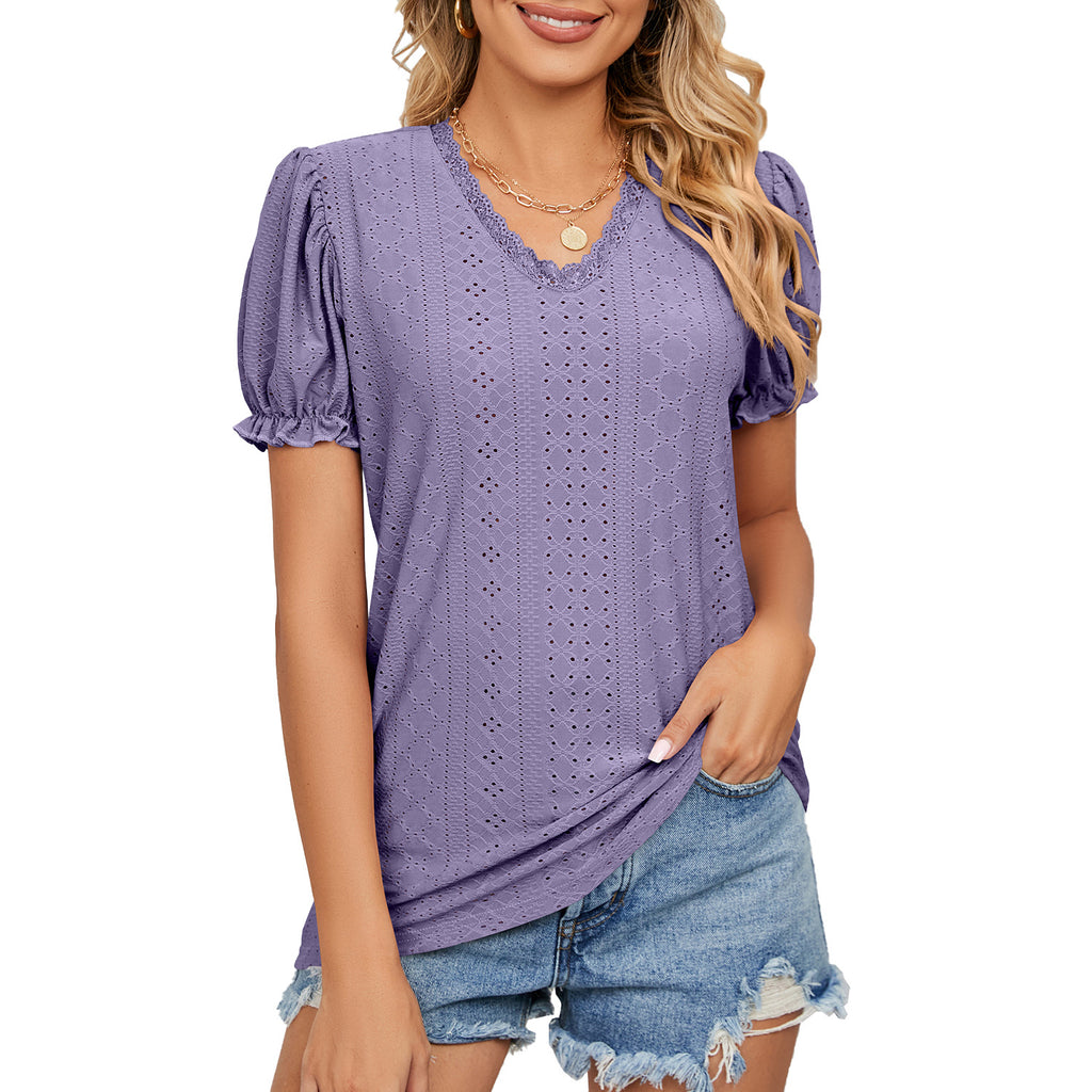 Solid Color Lace Patchwork Princess Sleeve Hollow Top