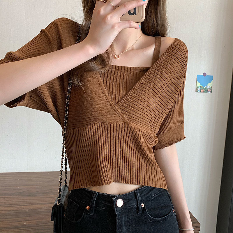 Design Fake Two-piece Waistband Short Sleeved Knit Shirt For Women
