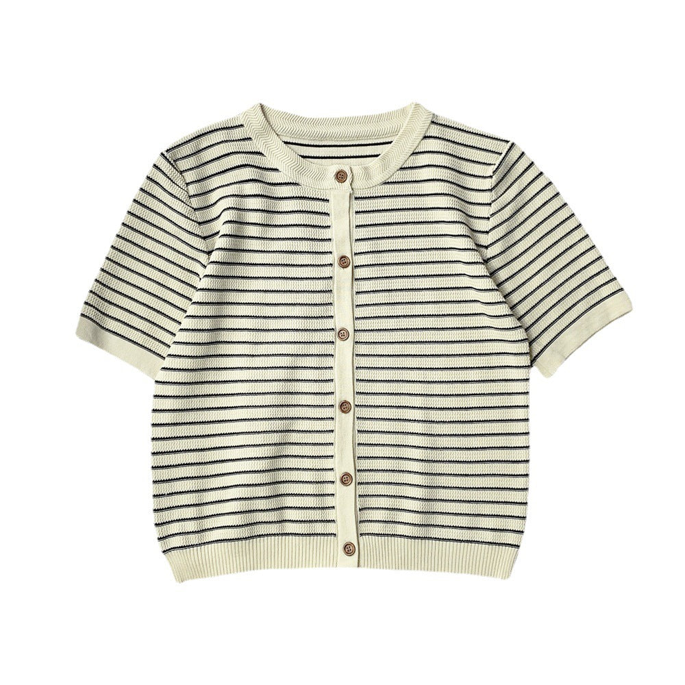 Women's Short-sleeved Striped Knitted Cardigan T-shirt Design Sense