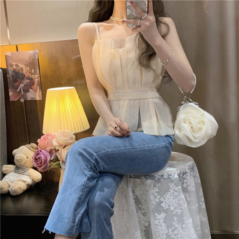 Spring New Design Sense Niche Short Ruffled Beauty Back Top