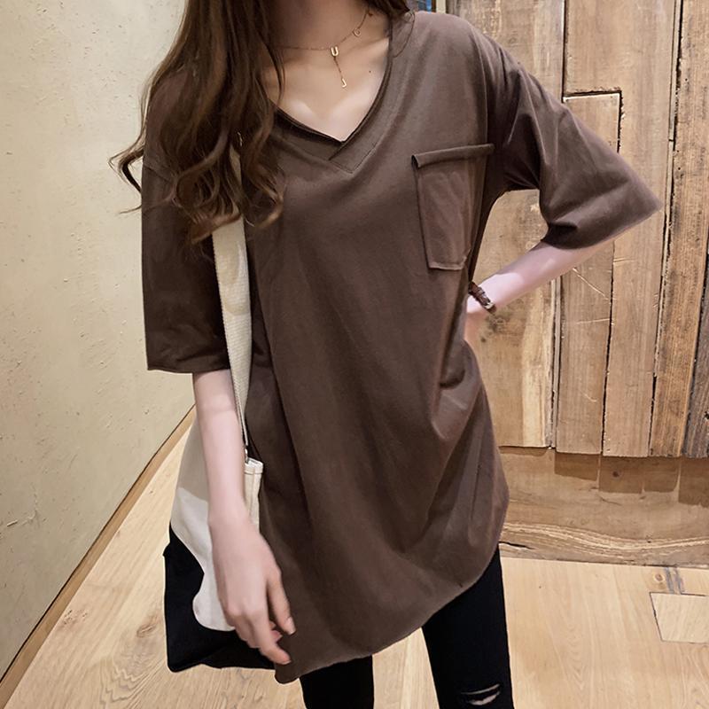 Summer V-neck Short Sleeve T-shirt Women's Loose Large Medium Length Shirt