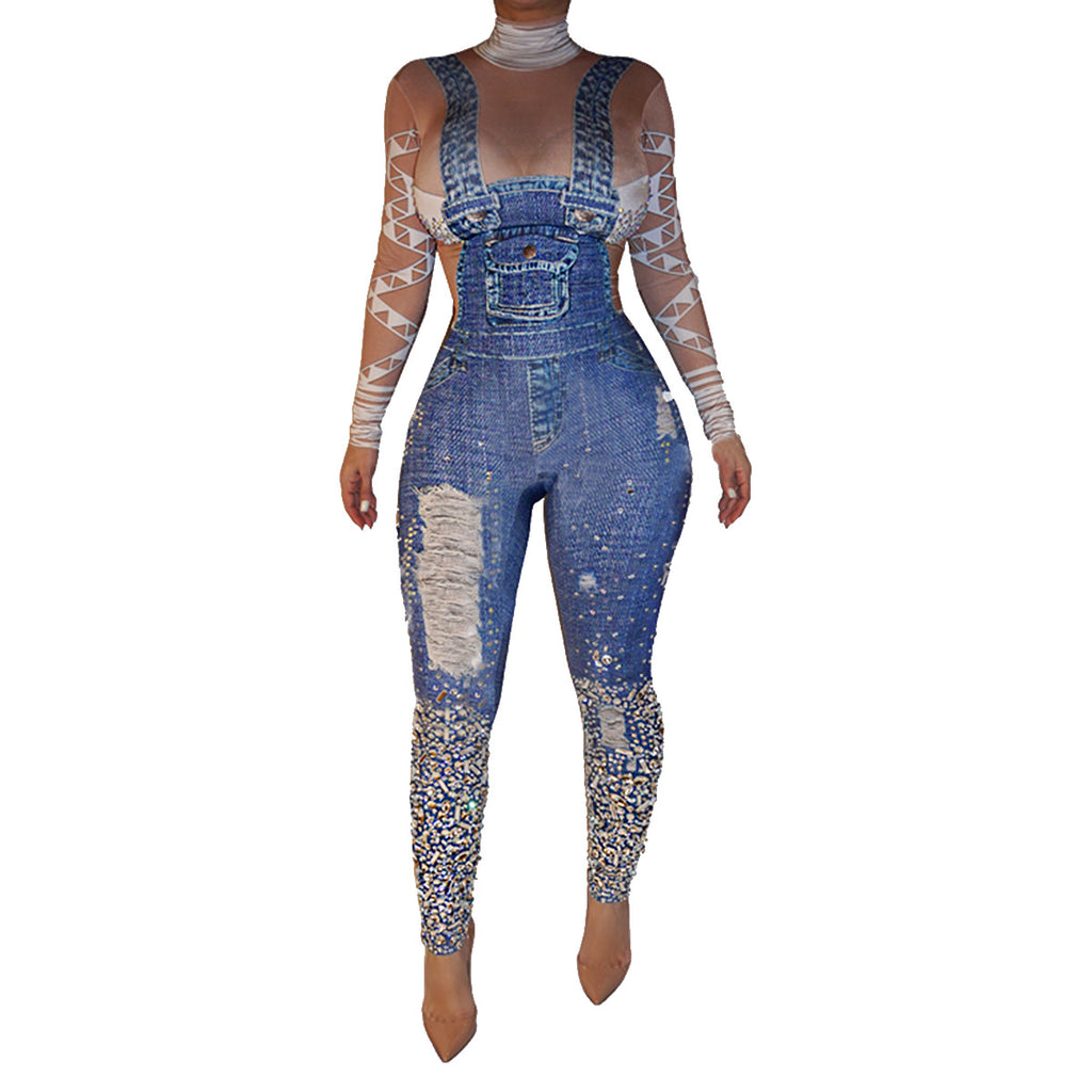 Fashion denim suspender printed Jumpsuit