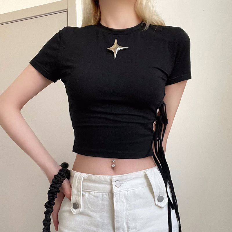 Women's Dark Metal Decorative Side Waist Hollowed Out Strap Short Sleeved T-shirt