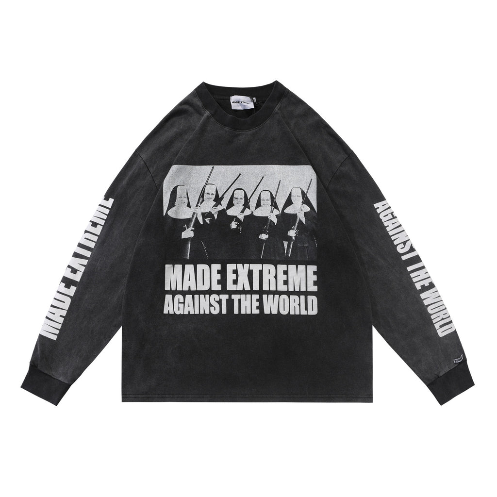 Street Retro Nun Print Loose Long Sleeve T-shirt Men