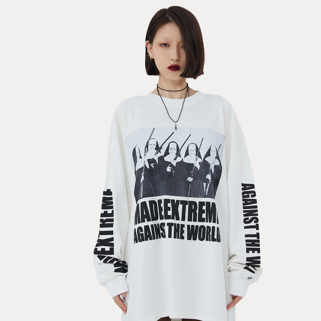 Street Retro Nun Print Loose Long Sleeve T-shirt Men