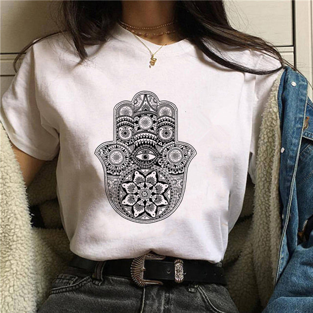 Fashion Lucky Hand Plus Size Round Neck Black Ladies Short Sleeves