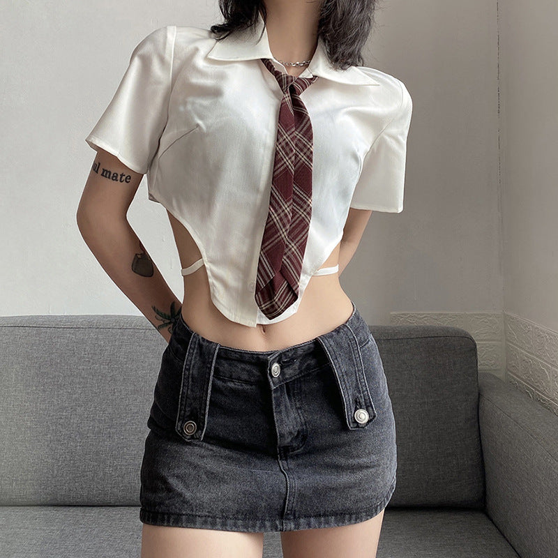 Hollow-out Wooden Ear Edge Cardigan Slim Fit Exposed Navel T-shirt