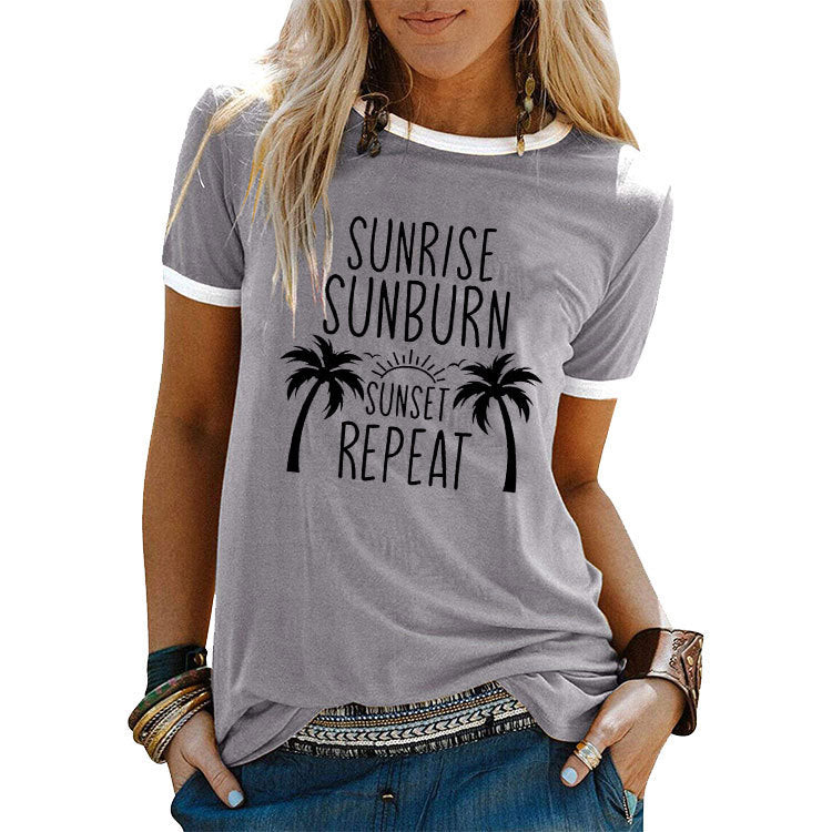 Street Coconut Tree Printed Women's Round Neck Short Sleeves