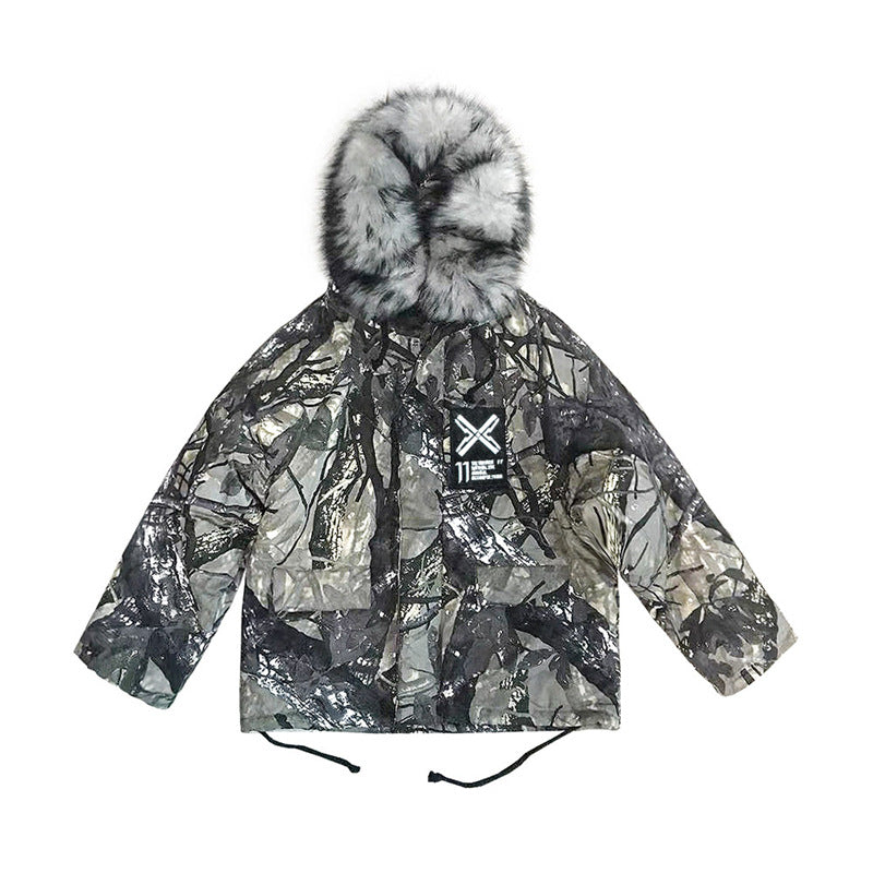 Big Fur Collar Camouflage Mountain Carving Loose Men And Women Cotton Coat Cotton Jacket Big Fur Collar Camouflage Mountain Carving Loose Men And Women Cotton Coat Cotton Jacket