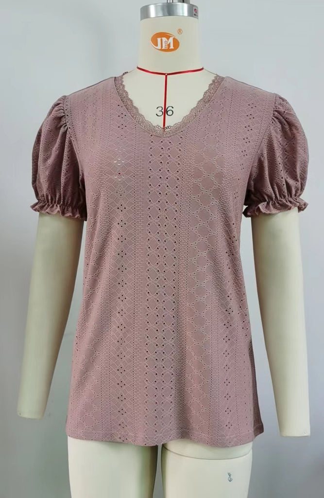 Solid Color Lace Patchwork Princess Sleeve Hollow Top