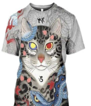 Japanese Samurai Cat 3D Digital Printing Men's Round Neck Short Sleeve