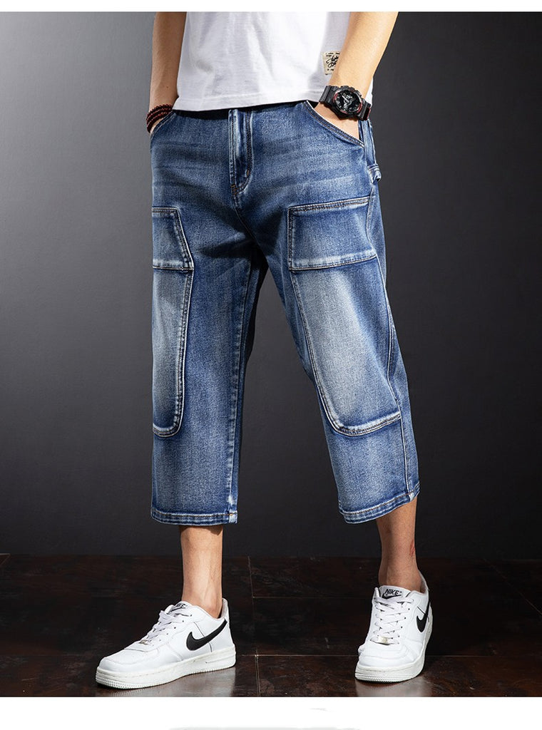Seven Points Denim Shorts Men Straight Loose Over The Knee Medium Pants Fat Guy Pants