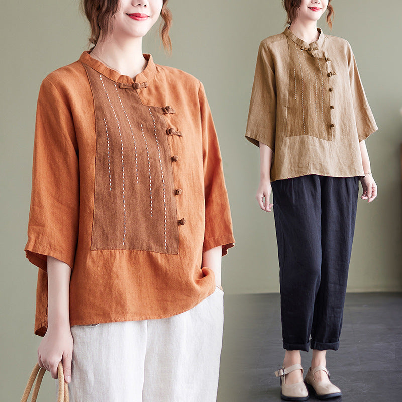 Stand Up Collar Button Contrast Patchwork Cotton Linen Shirt