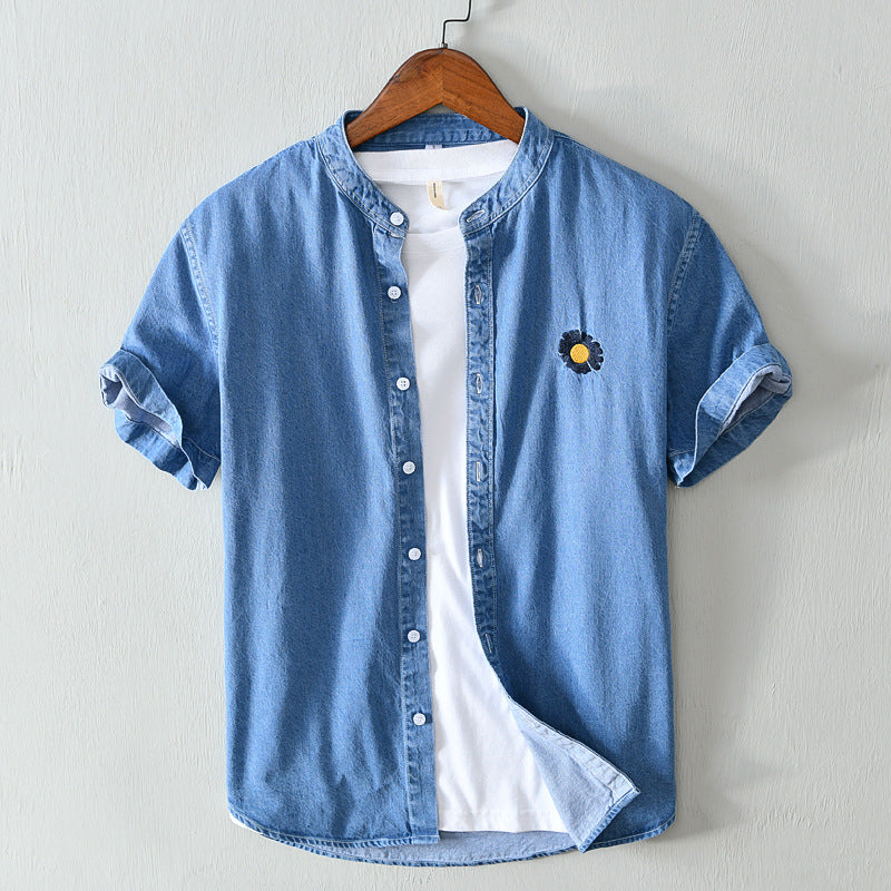 Denim Short-sleeved Men's Japanese Men's Shirt Loose Light-colored Denim Shirt