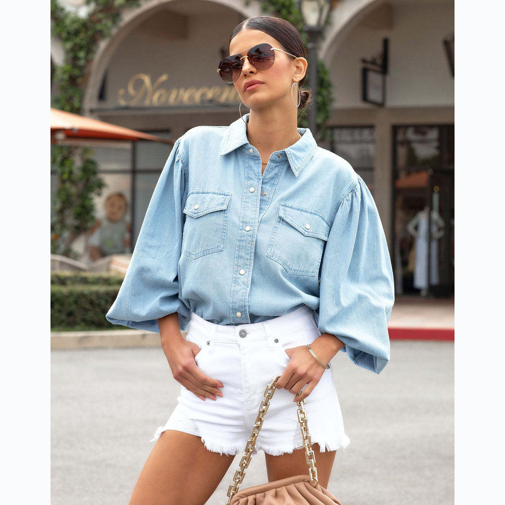 Autumn And Winter Bubble Sleeve Single-breasted Washed Denim Shirt For Women