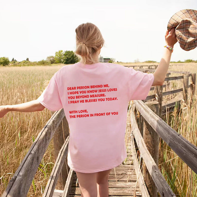 Women's Top Round Neck Slogan Printed Short Sleeves
