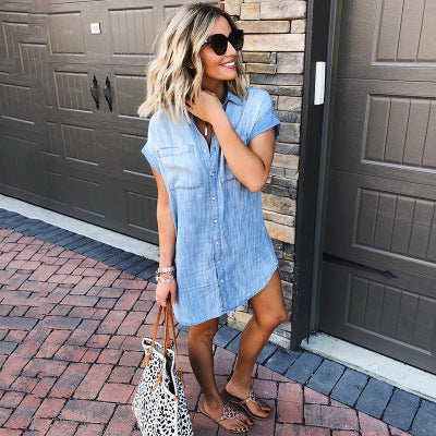 Summer Button Short-sleeved Denim Shirt Dress Women Summer Button Short-sleeved Denim Shirt Dress Women