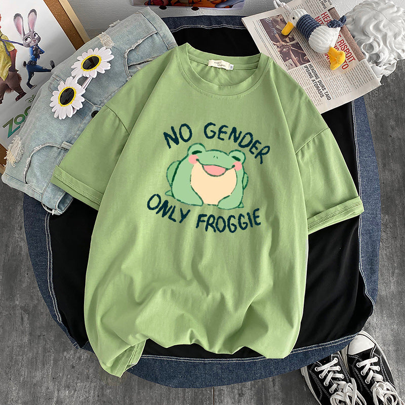 Frog Print Round Neck Loose Men's And Women's T-shirt