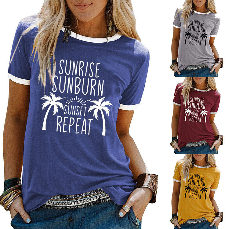 Street Coconut Tree Printed Women's Round Neck Short Sleeves