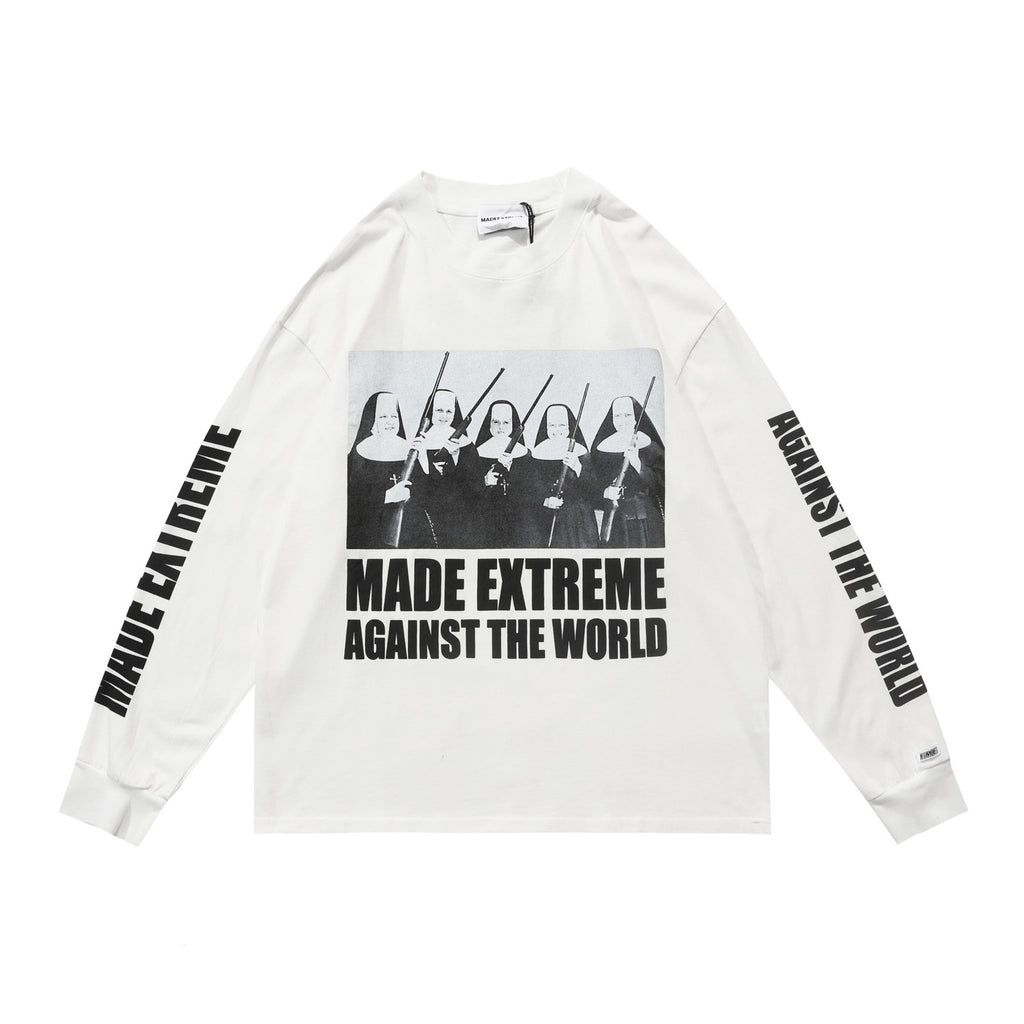 Street Retro Nun Print Loose Long Sleeve T-shirt Men