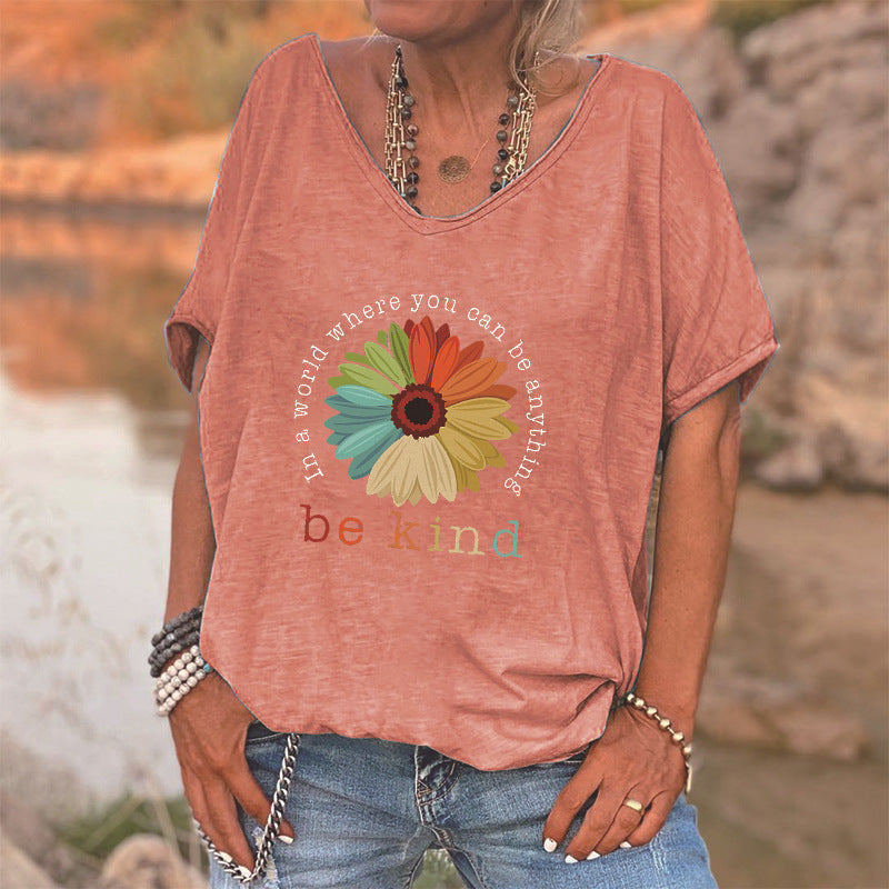 English Flower Female T-shirt Printing Loose