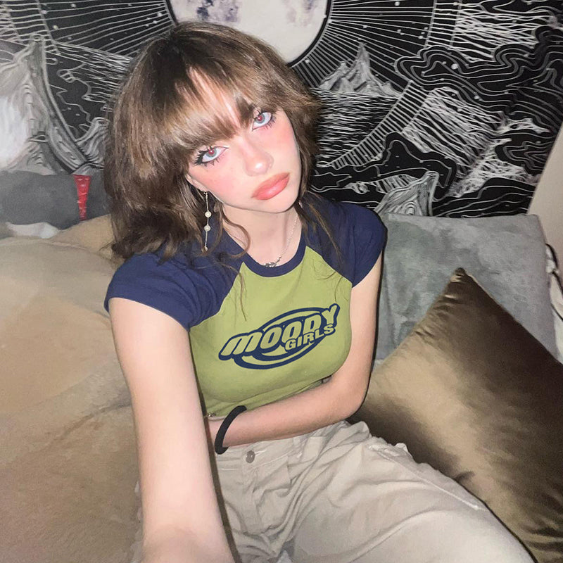 Women's Summer Green Slim Fit Letter Print Top
