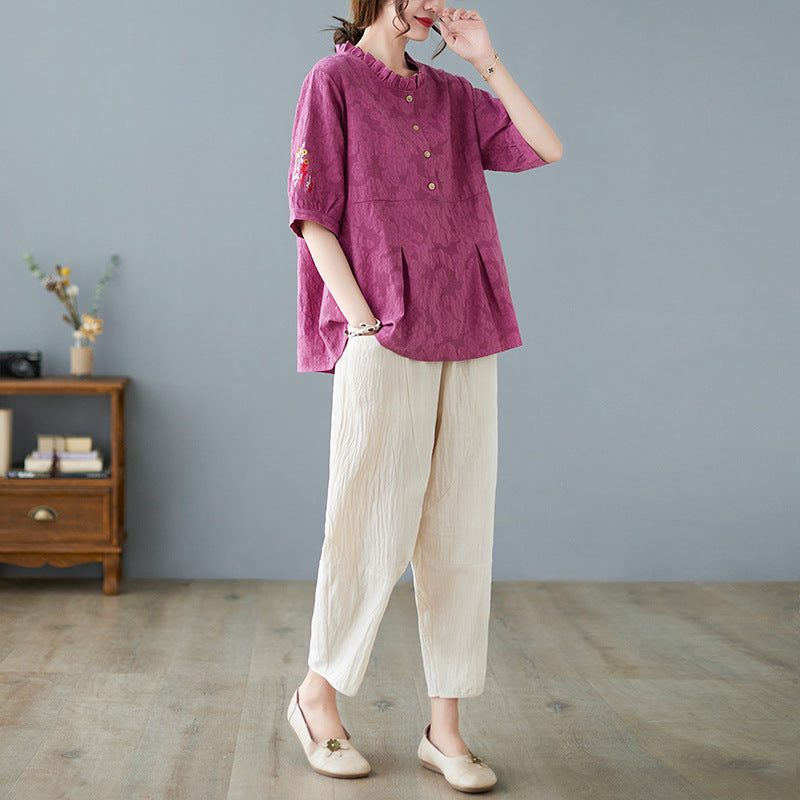 Plus Size Cotton Linen Jacquard Embroidered Loose Top Harem Pants Suit