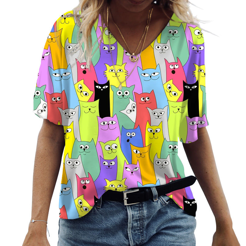 Casual Short Sleeve V-Neck Cat 3D