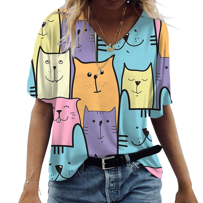 Casual Short Sleeve V-Neck Cat 3D