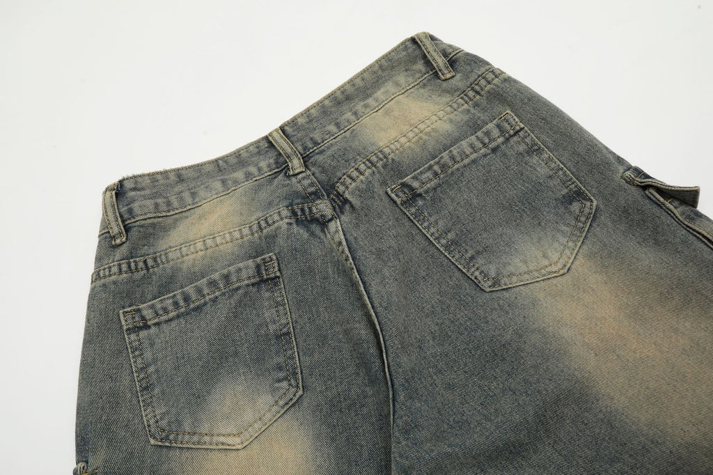 Men's Washed Worn Jeans Mid Waist