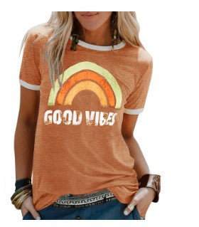 Fashion Rainbow Print Crew Neck Short Sleeve
