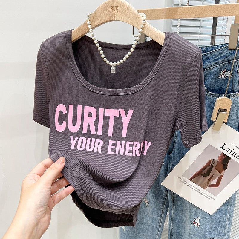 Short-sleeved T-shirt Women's Western Style Retro Print V-neck
