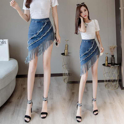 New Fake Two-piece Tassel Denim Skirt For Women