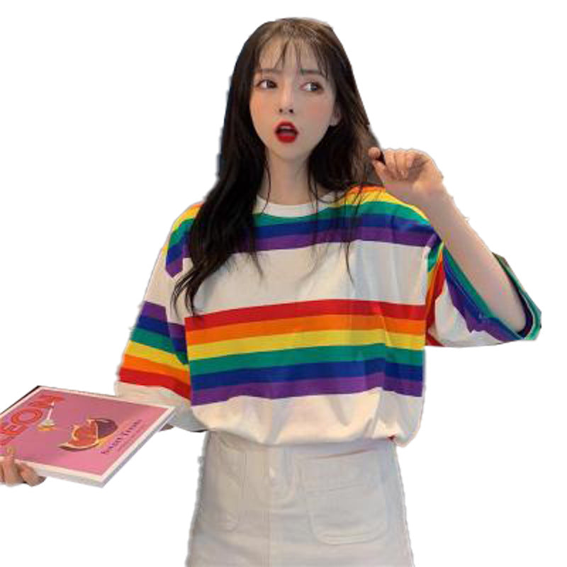Summer New Korean Version Loose Large Rainbow Stripe Print Short Sleeve