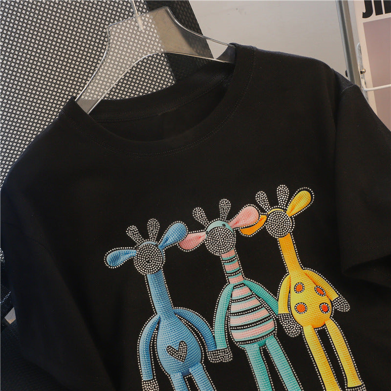 Three-dimensional Hot Diamond Cartoon Short-sleeved T-shirt Women's Clothing