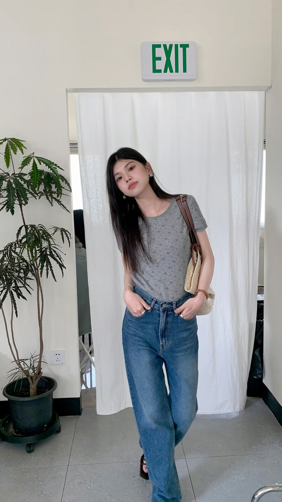 Fresh Floral Lace-collared Blouse Loose Round Neck Slim-fit Short Sleeve