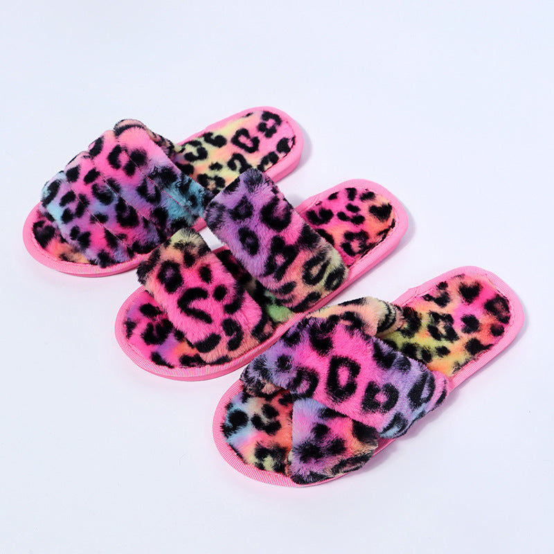 Women New Indoor Fuzzy Leopard Plush House Flat With Fuzzy Slipper