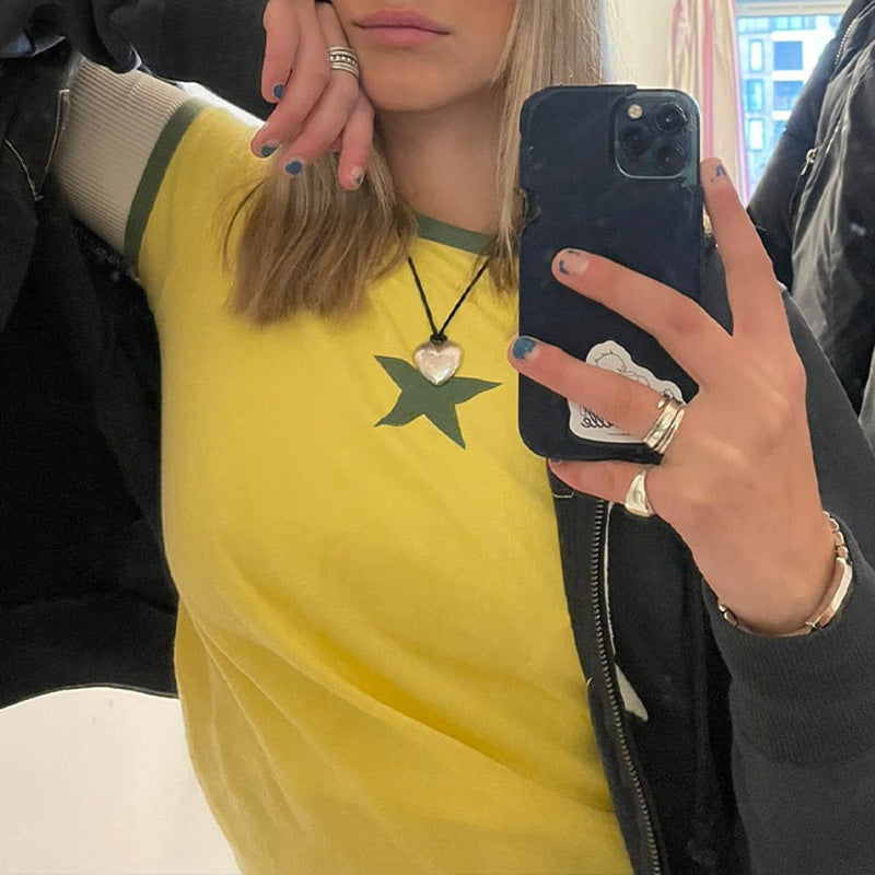 Contrast Star Print Crew Neck T Shirt Slim Fit