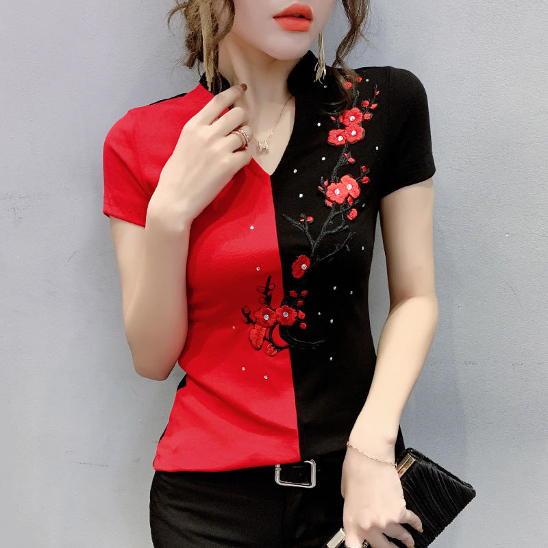Summer Fashion Contrast V-neck T-shirt