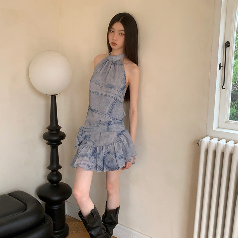 Design Sense Retro Sleeveless Halter Denim Pattern Dress For Women