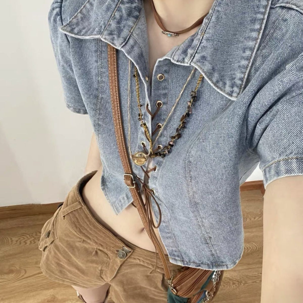 Denim Tie Up Shirt For Women With Loose Short Sleeves