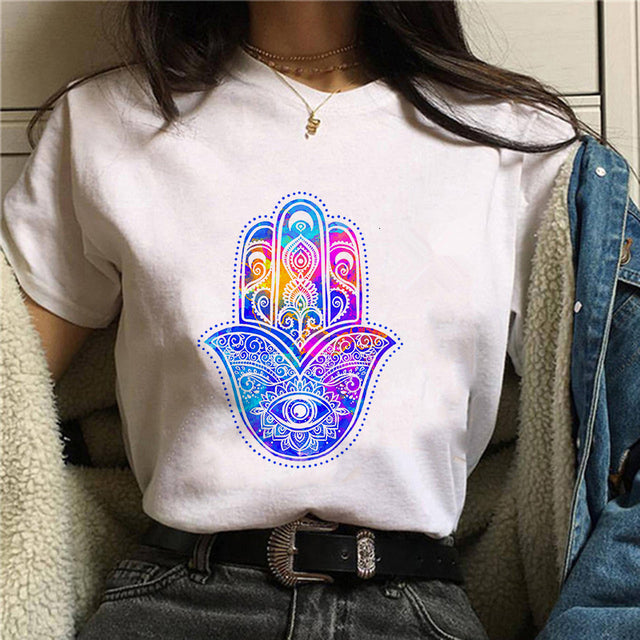 Fashion Lucky Hand Plus Size Round Neck Black Ladies Short Sleeves