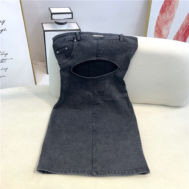 Gray Black Denim Hollow Tube Top Skirt Women Summer Sleeveless Dress