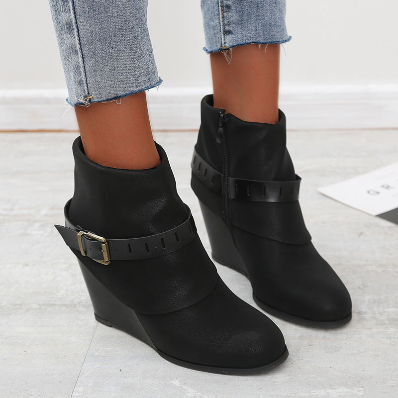 Buckled wedge high heel side zipper short boots