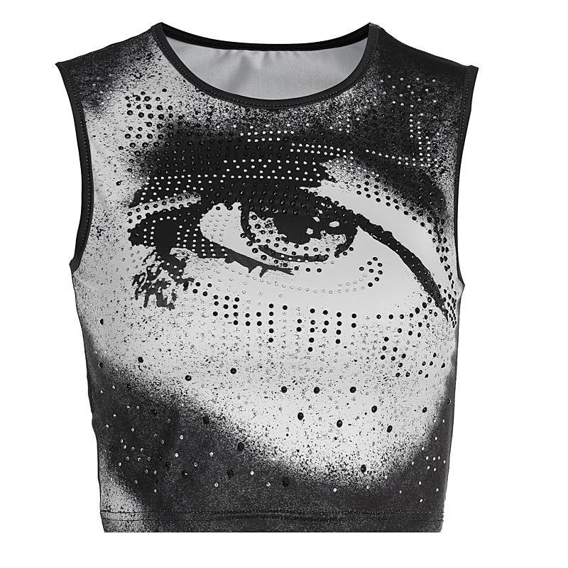 Women's New Spring Fashion Print Slim Round Neck Sleeveless Navel Revealing Vest