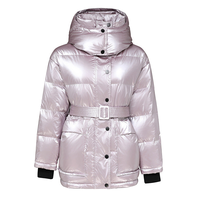 Winter Jacket Thick Mid-length Waist White Duck Down Jackets Slim Belt Silver Shiny Parka Women Coat Winter Jacket Thick Mid-length Waist White Duck Down Jackets Slim Belt Silver Shiny Parka Women Coat