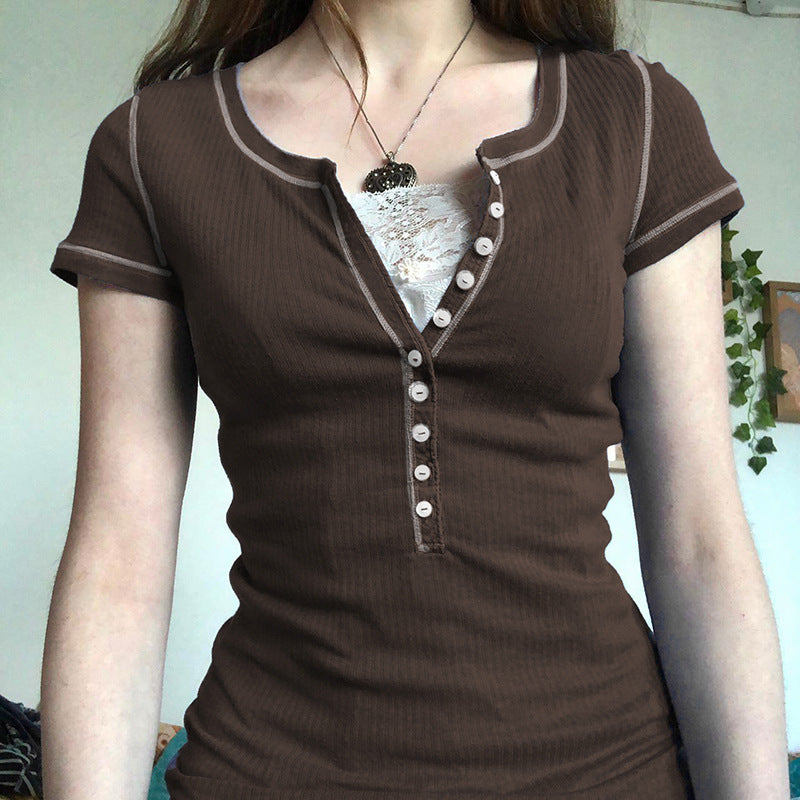 V-neck Open Line Lace Panel Short Sleeve Slim T-shirt